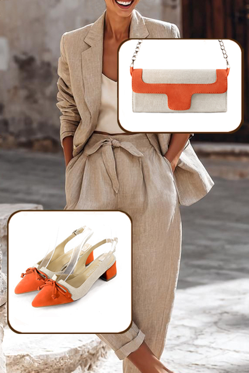 Women's clementine orange and natural beige elegant slingback heels, with a bow on the front. Tapered toe. Low flare heels - Worn view